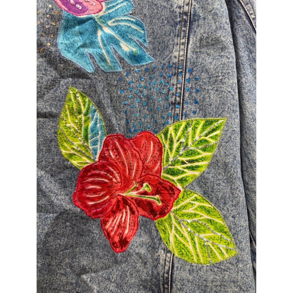 Mirasol Woman Acid Wash Denim Jacket Floral Embroidered Sequin LDMJ0006 Blue 2X - Picture 4 of 16